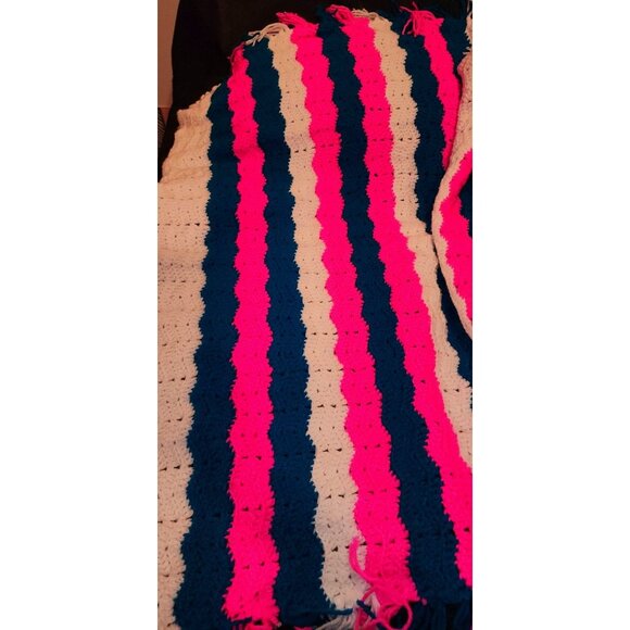 Crochet Striped Baby Blanket gPink/Blue/White With Tassels NEW 45X38 - Picture 4 of 10
